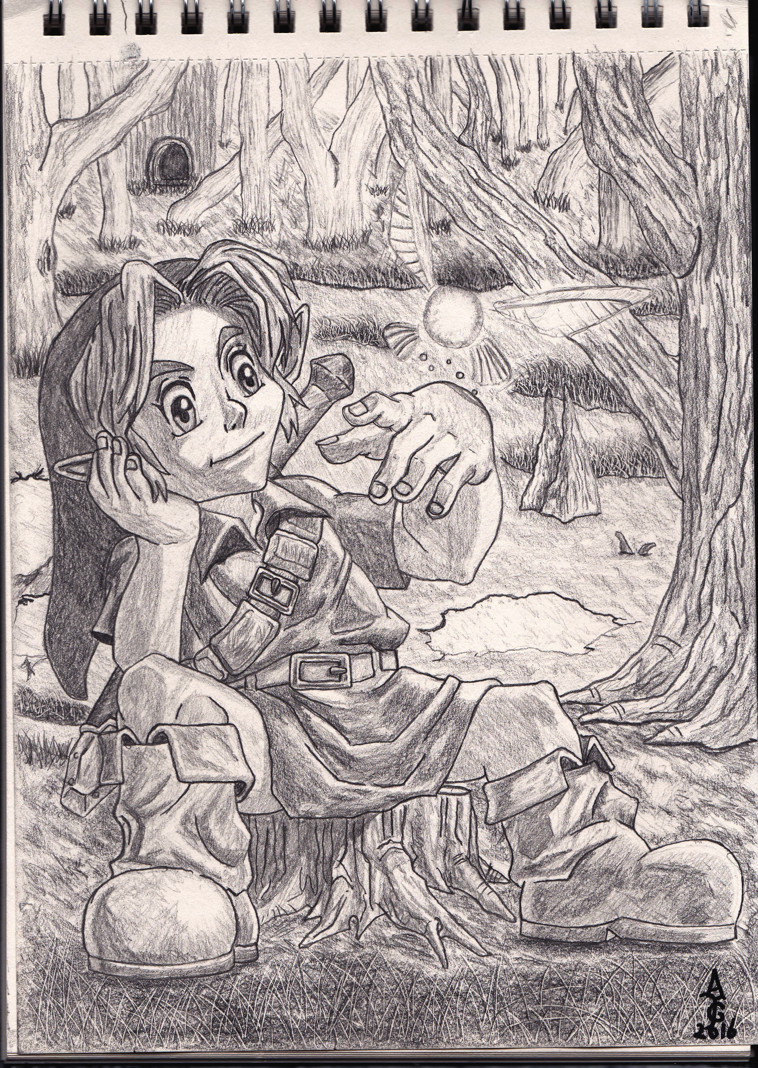 link sitting with navi in the lost woods legend of zelda ocarina of time art artwork illustration sketch fantasy artist