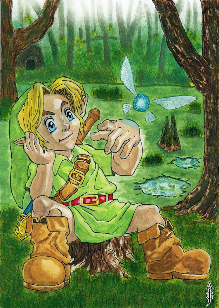 link in the lost woods painting legend of zelda fan art fantasy watercolour watercolor kokiri ocarina of time inktober