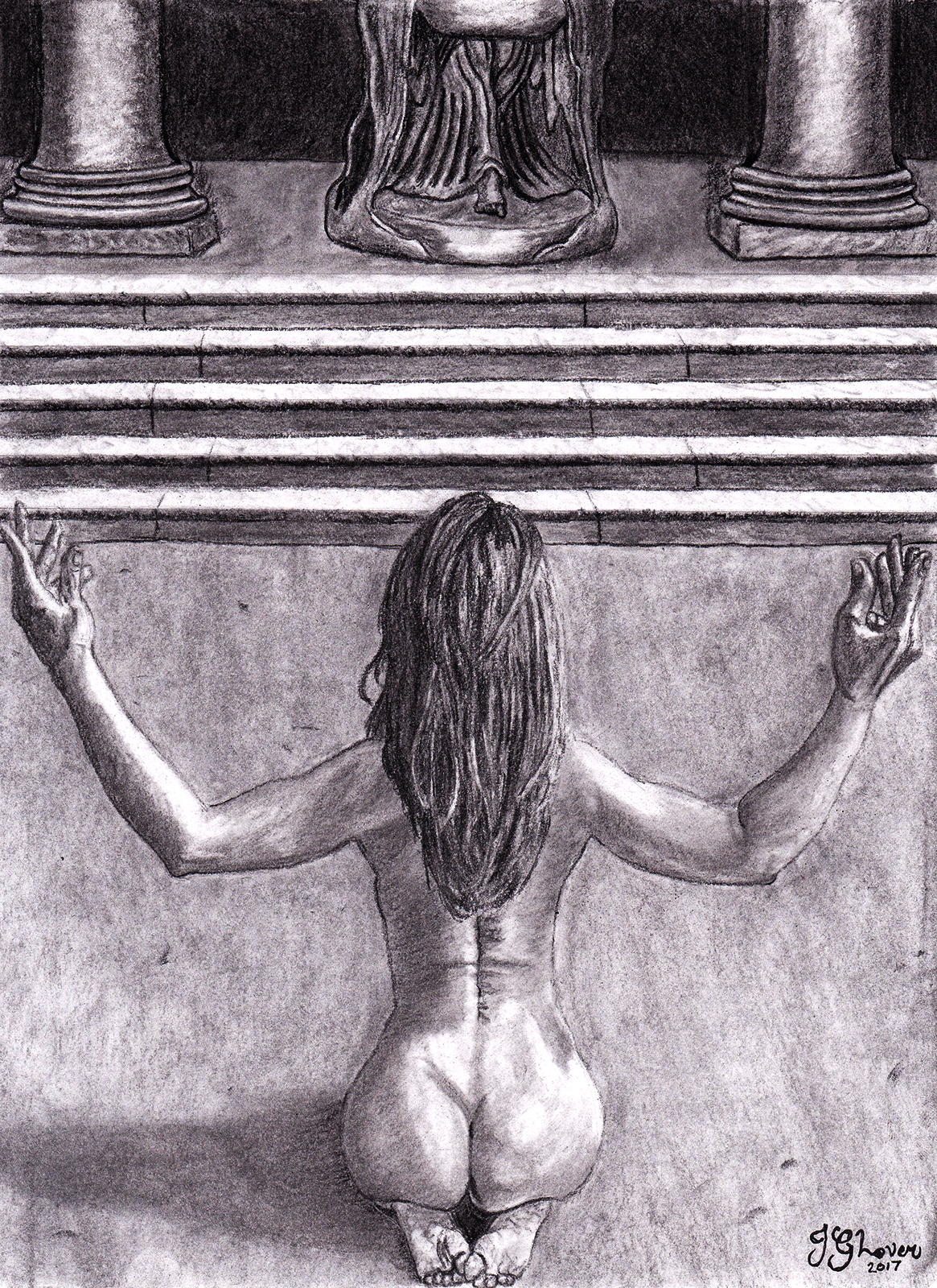 nude woman kneeling praying worship worshiping ancient religion art fantasy charcoal drawing illustration