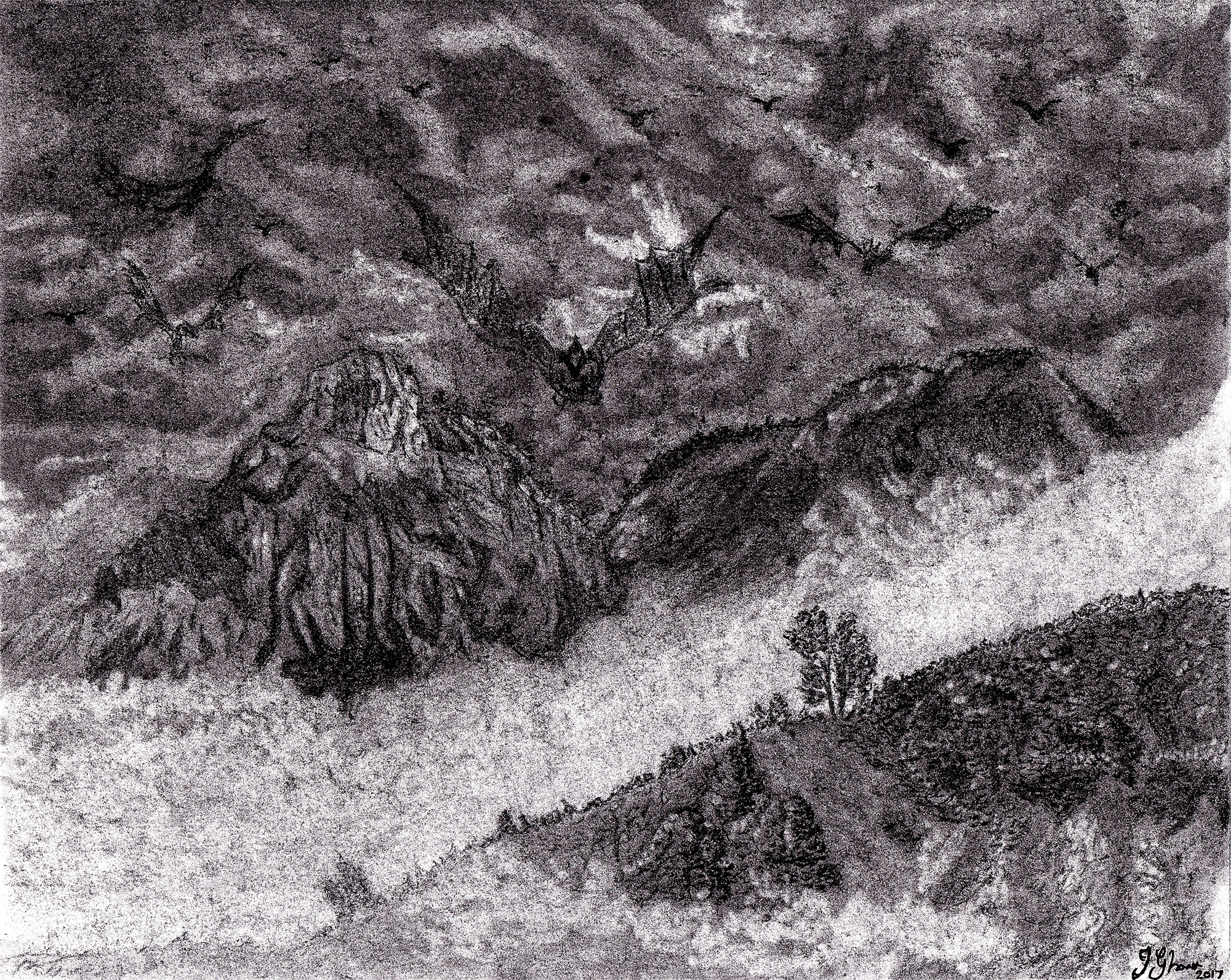 Dragon Dragons in flight flying over landscape mountains fantasy art illustration drawing sketch
