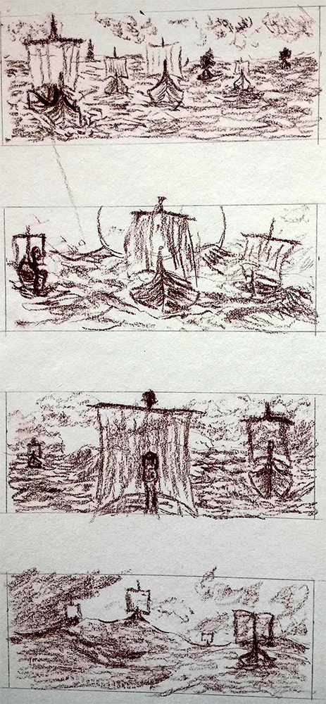 Viking Longships at Sea Invasion Fleet Sketch Drawing Fantasy History Art Norse Mythology