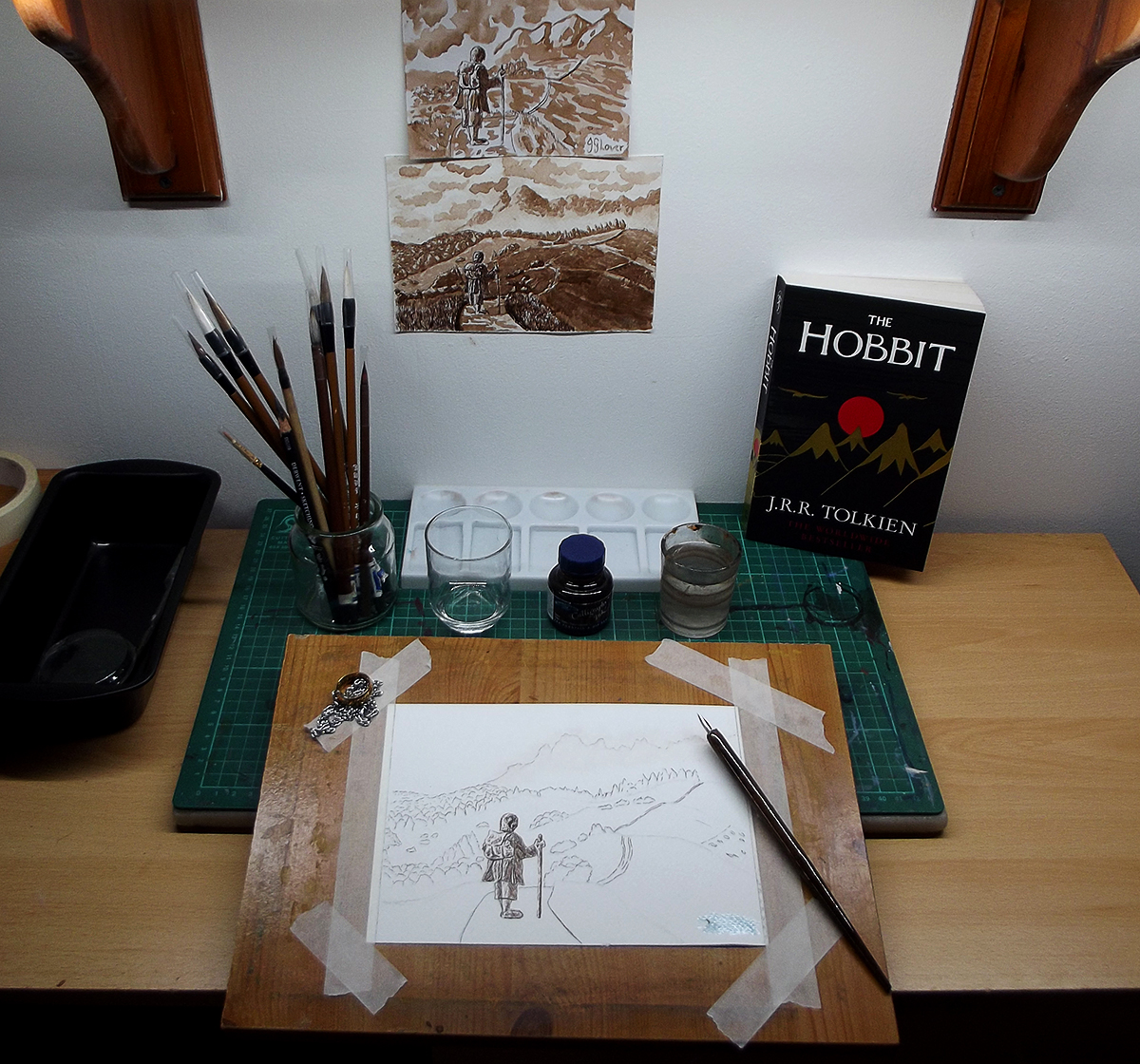 bilbo baggins ink drawing the road goes ever on jrr tolkien hobbit lotr lord of the rings silmarillion
