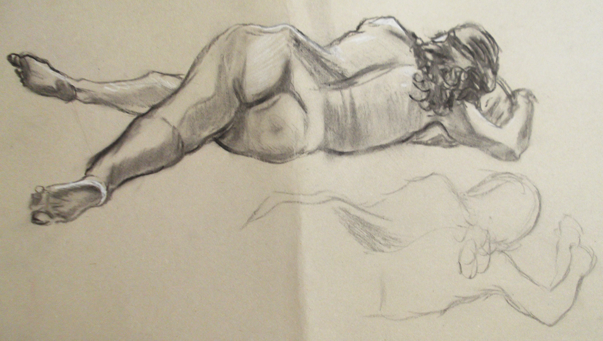Life Drawing Figure Study Female Nude Reclining Back Behind Rear View Charcoal Josh Glover JGloverArt