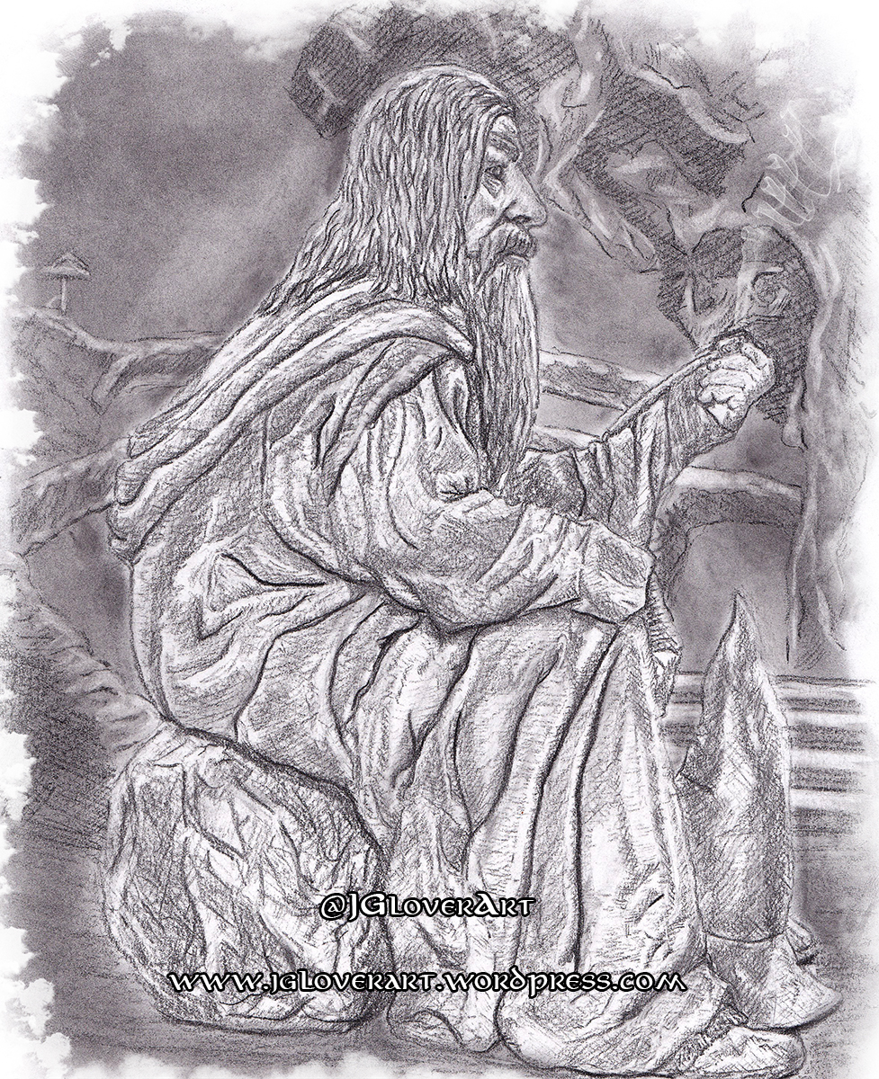 Gandalf in Moria charcoal lord of the rings tolkien drawing art illustration john howe alan lee ted nasmith lotr tv series amazon artwork concept art