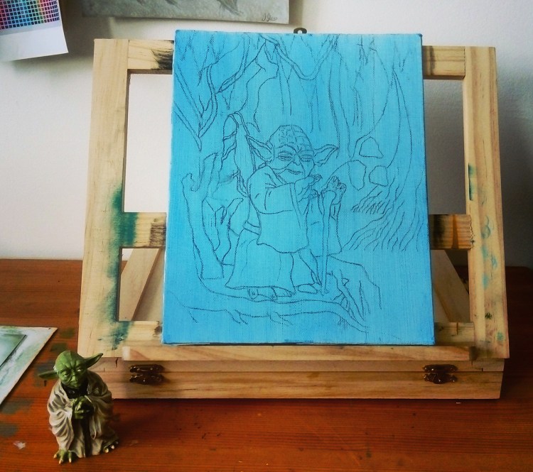 yoda jedi master painting cartoon figure illustration easel behind the scenes wip
