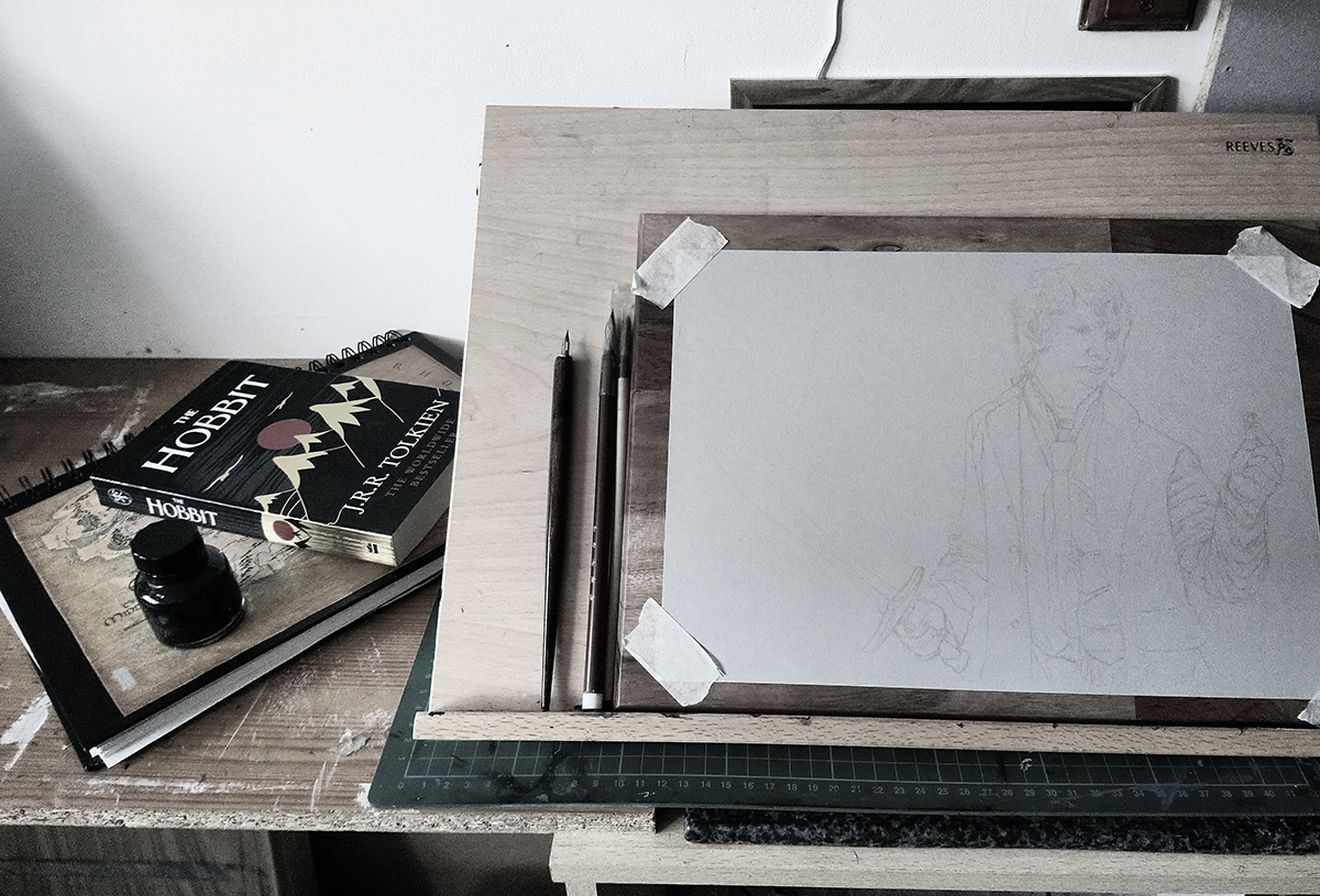 On the easel bilbo baggins finding the ring hobbit lotr lord of the rings tolkien art illustration concept ink drawing