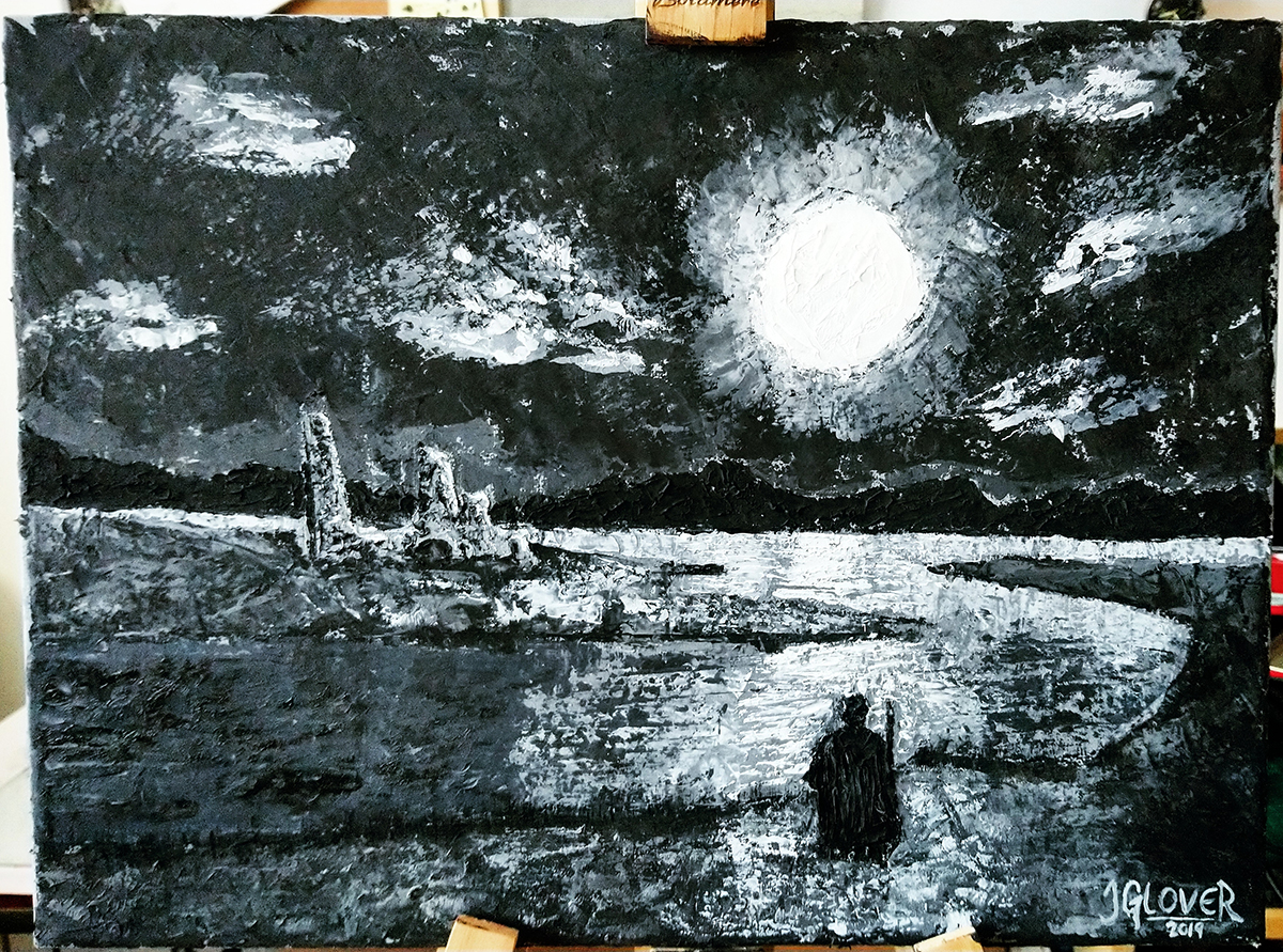 palette knife oil painting landscape fantasy art illustration moon river ruins figure dark