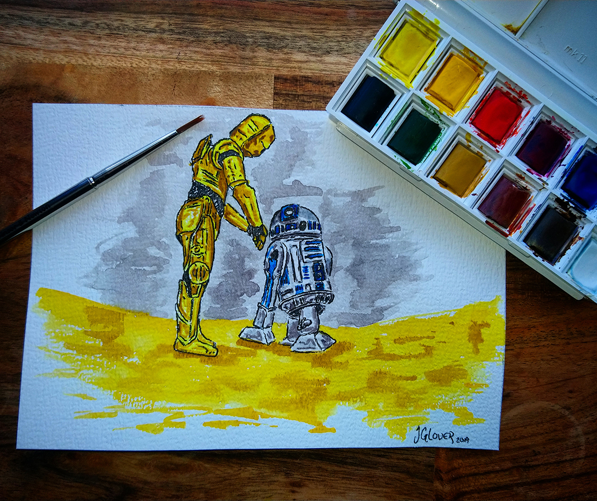 How did we get into this mess - C-3PO & R2D2 Land on Tatooine - Watercolour Sketch - Star Wars Art Illustration - WIP winsor newton cotman watercolor