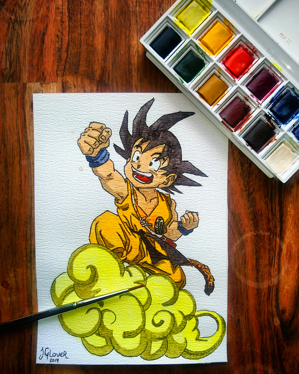 Kid Goku & Nimbus - Dragon Ball Z - Watercolour Sketch - Anime Manga Art Illustration WIP winsor newton cotman watercolor