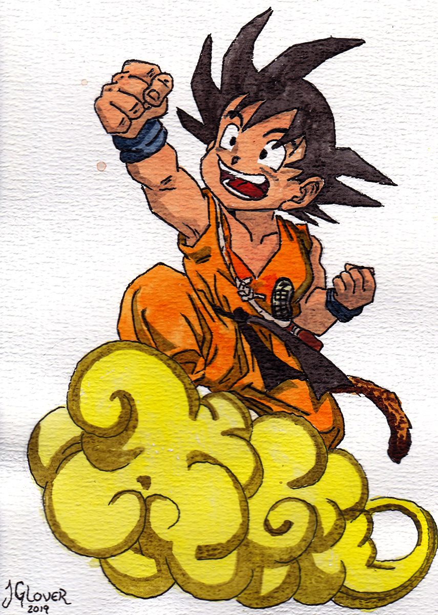 Kid Goku & Nimbus - Dragon Ball Z - Watercolour Sketch - Anime Manga Art Illustration