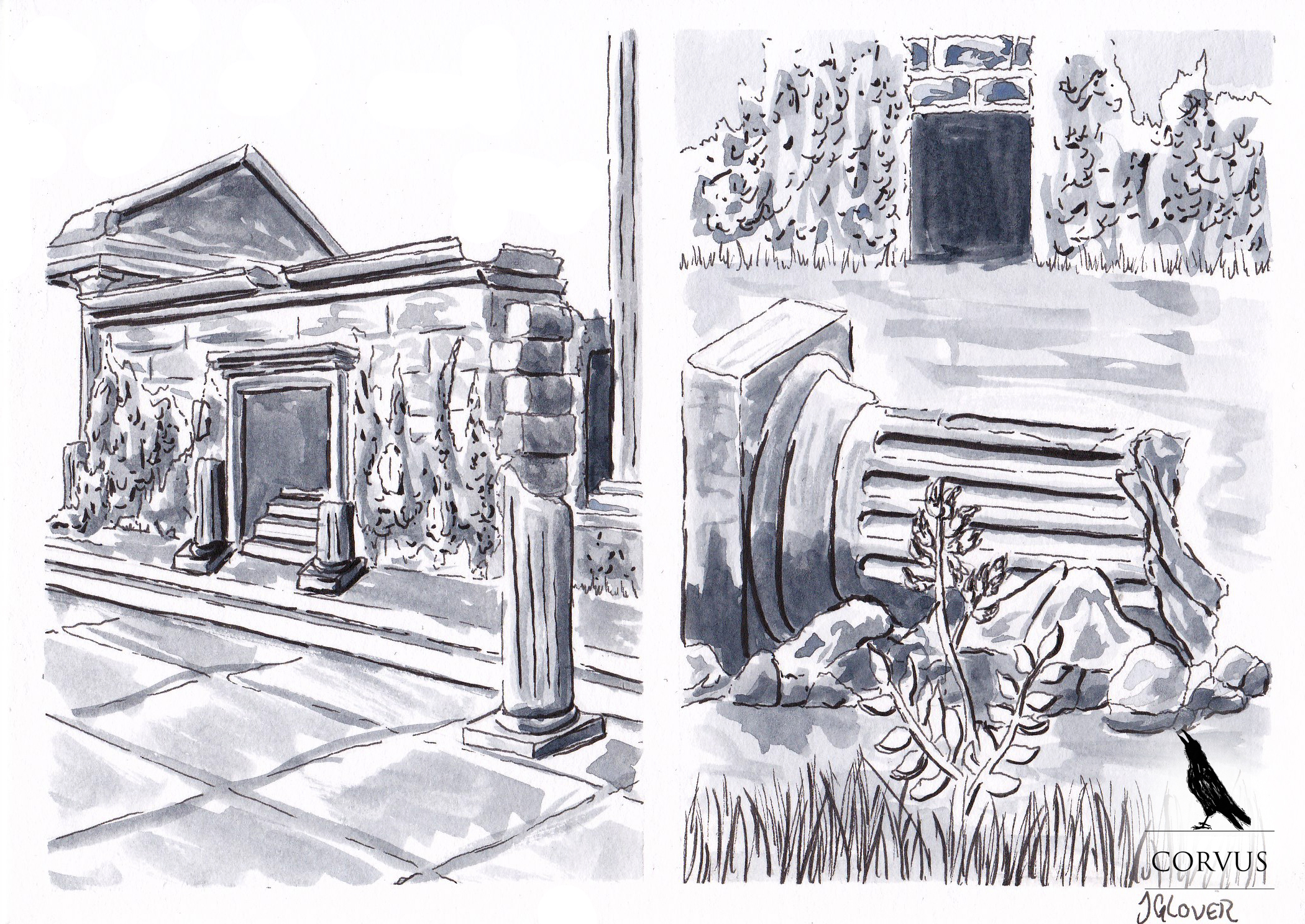 Corvus - fantasy - graphic novel - web comic - illustration - writing - story - architecture - ruins - temple