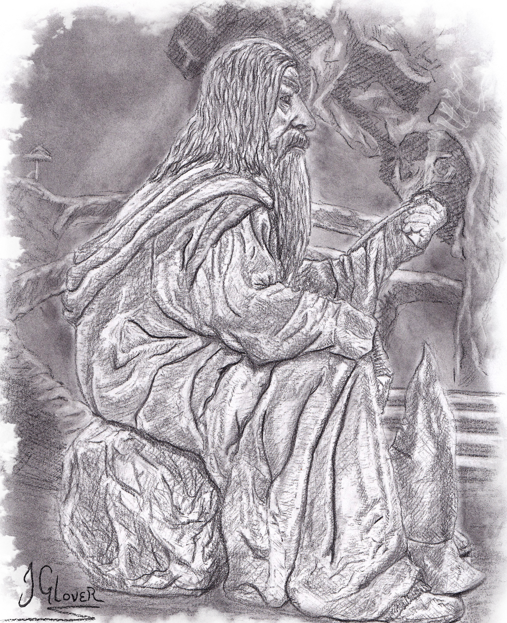 Gandalf in Moria - sitting - sat - smoking pipe - pencil - drawing - lord of the rings - illustration - essex - jrr tolkien