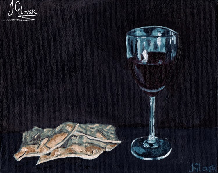 Christian - art - illustration - religious - painting - oil - alla prima - still life - wine - bread - memorial - glass
