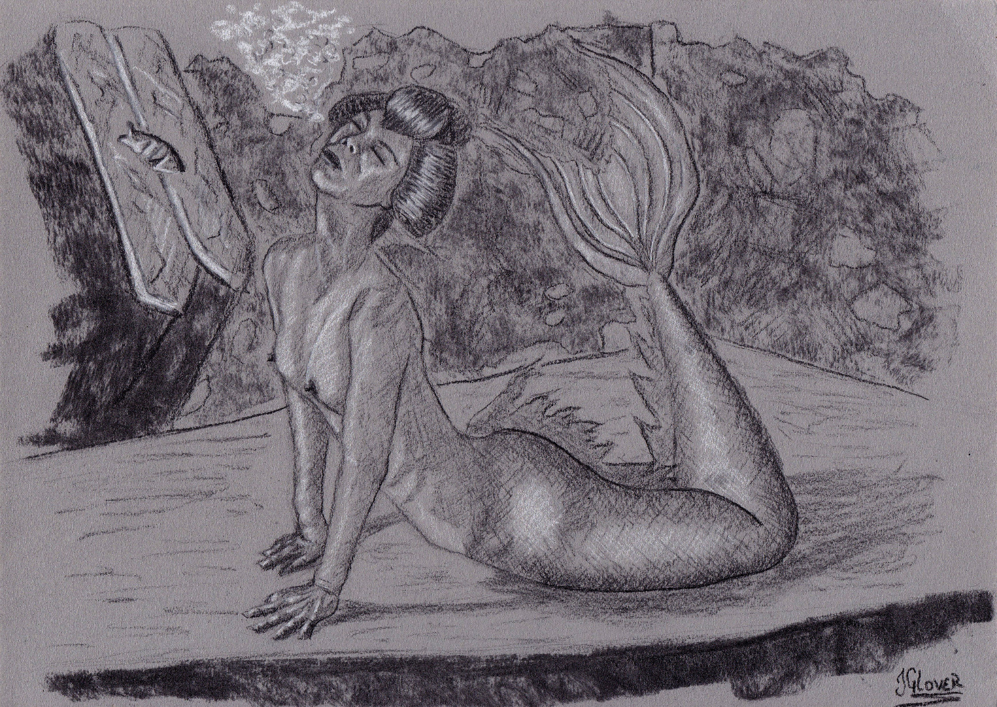 Geisha - mermaid - mermay - illustration - drawing - charcoal - portrait - figure drawing - fine art - nude