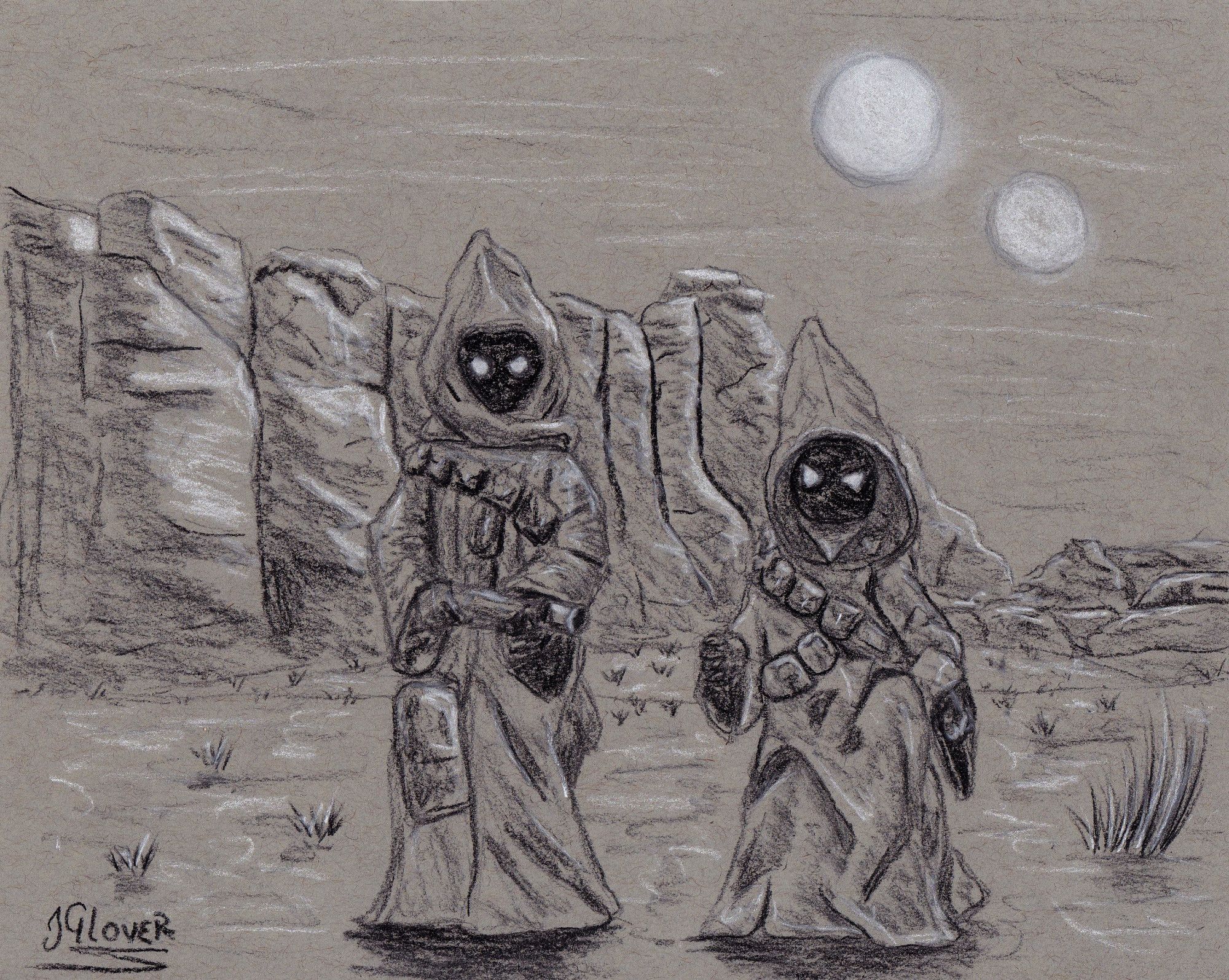 jawas - tatooine - star wars - illustration - art - charcoal - drawing