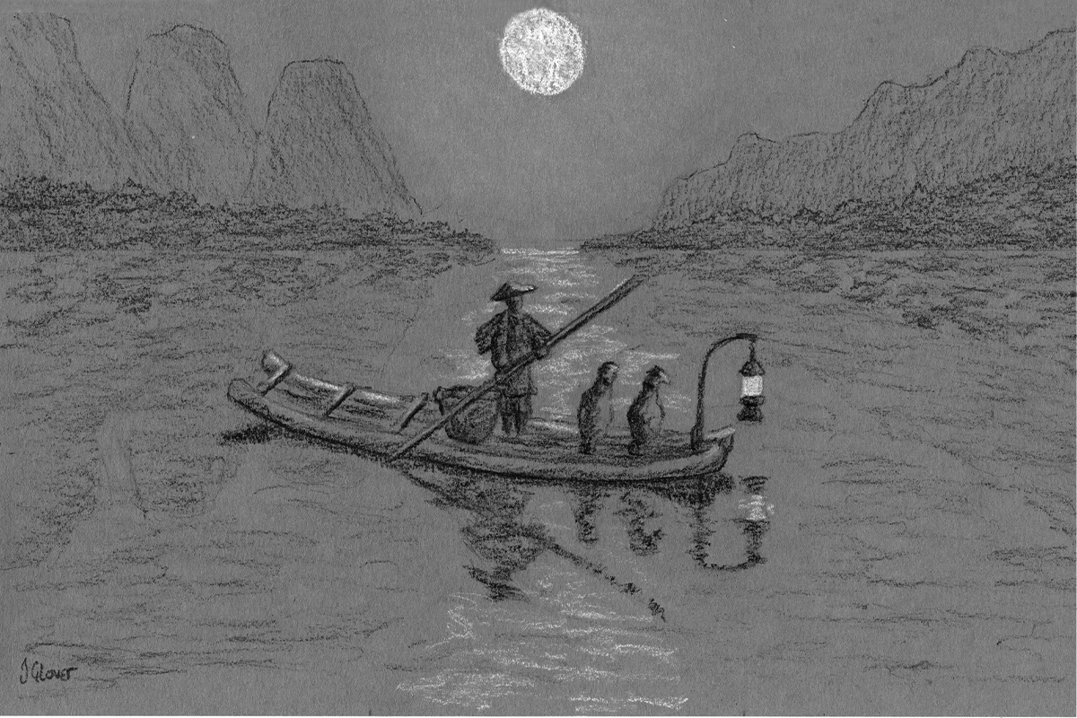 National Geographic - Cormorant - Fishing - Fisherman - Drawing - Charcoal - Fine Art - Moonlit - Water