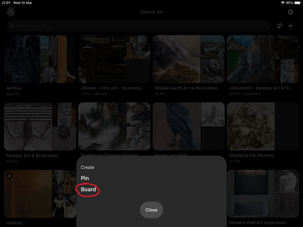 pinterest screenshot create new board
