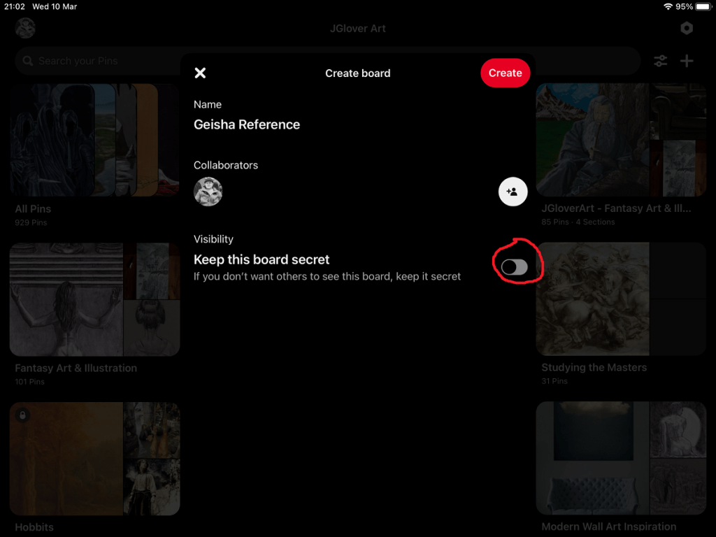 pinterest screenshot board creation visibility button create board