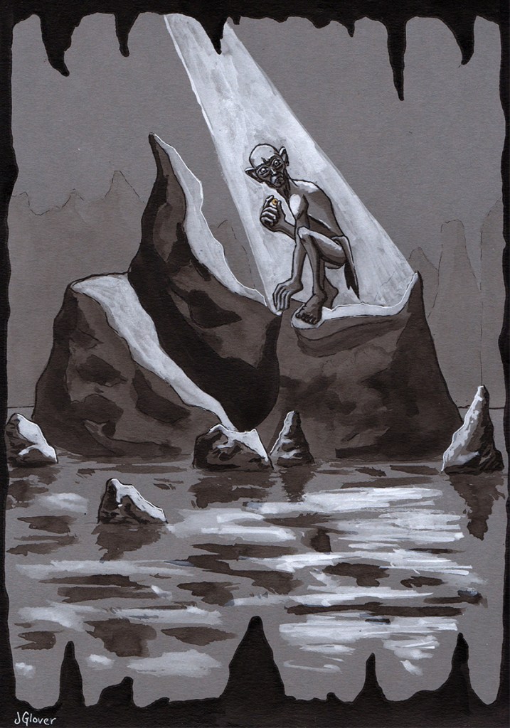 Japanese - Ink - Brush - Drawing - Gollum - Cave - Lord of the Rings - Ring - Water - Light - Sumi-e
