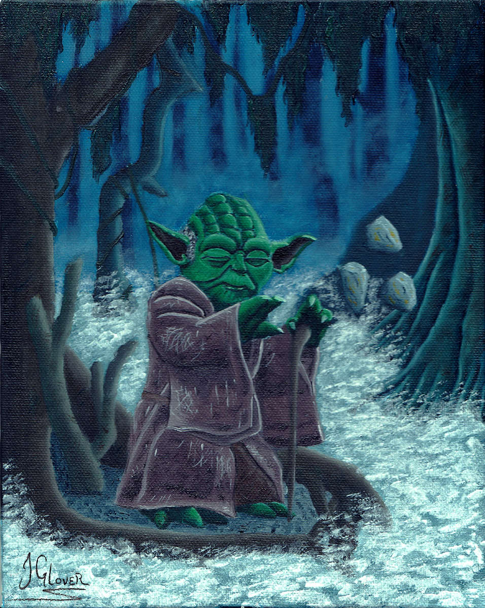 Oil paint portrait yoda dagobah using the force lift rocks star wars art