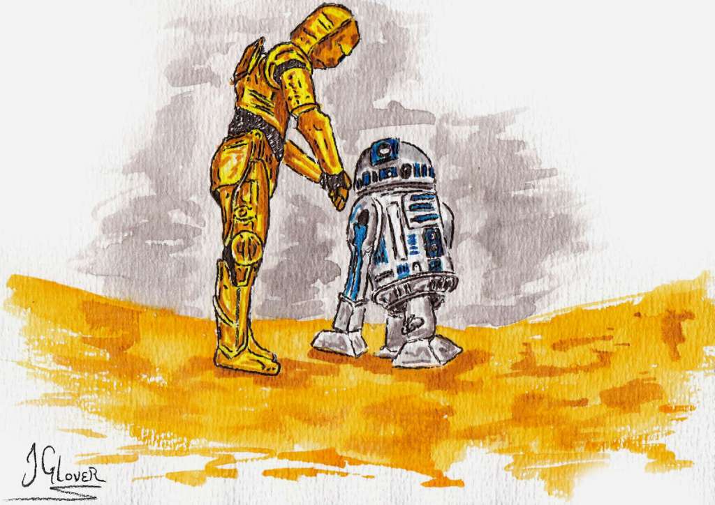 Star wars droids art c-3po and r2d2 in desert landscape illustration