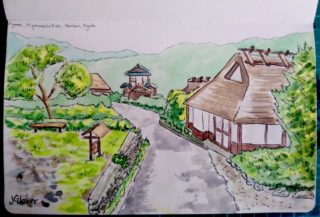 Ink and Watercolour sketchbook drawing of Miyamo village kyoto historic traditional Japan