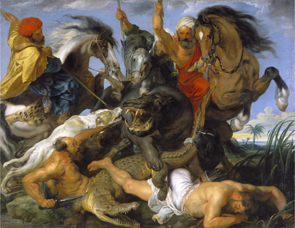 Rubens oil painting of men fighting hunting hunters crocodiles horses hippos spears