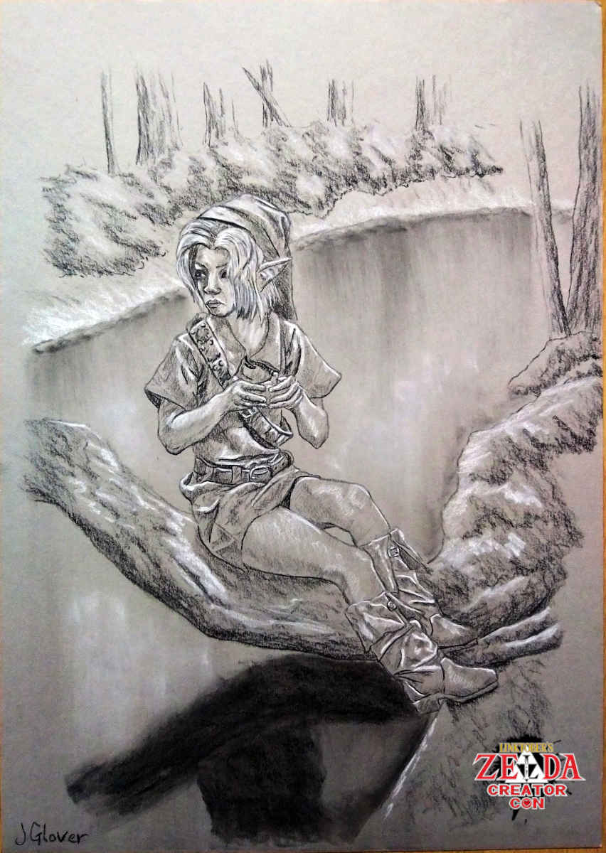 Charcoal drawing of young link playing ocarina of time lake water trees art illustration legend of zelda