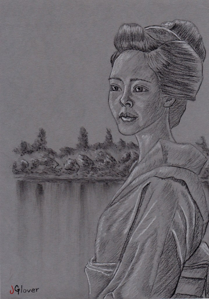Japanese geisha girl charcoal portrait drawing fine art uk based london artist essex
