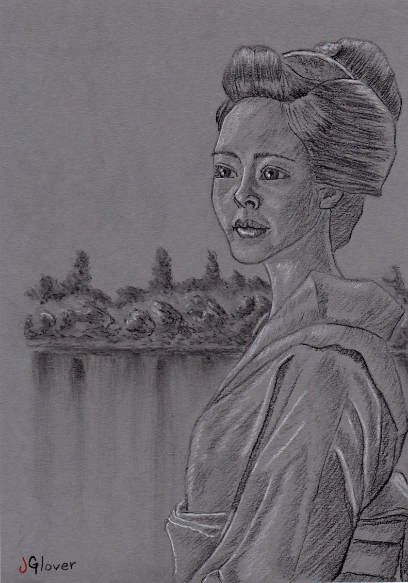 Japanese geisha girl charcoal portrait drawing fine art uk based london artist essex