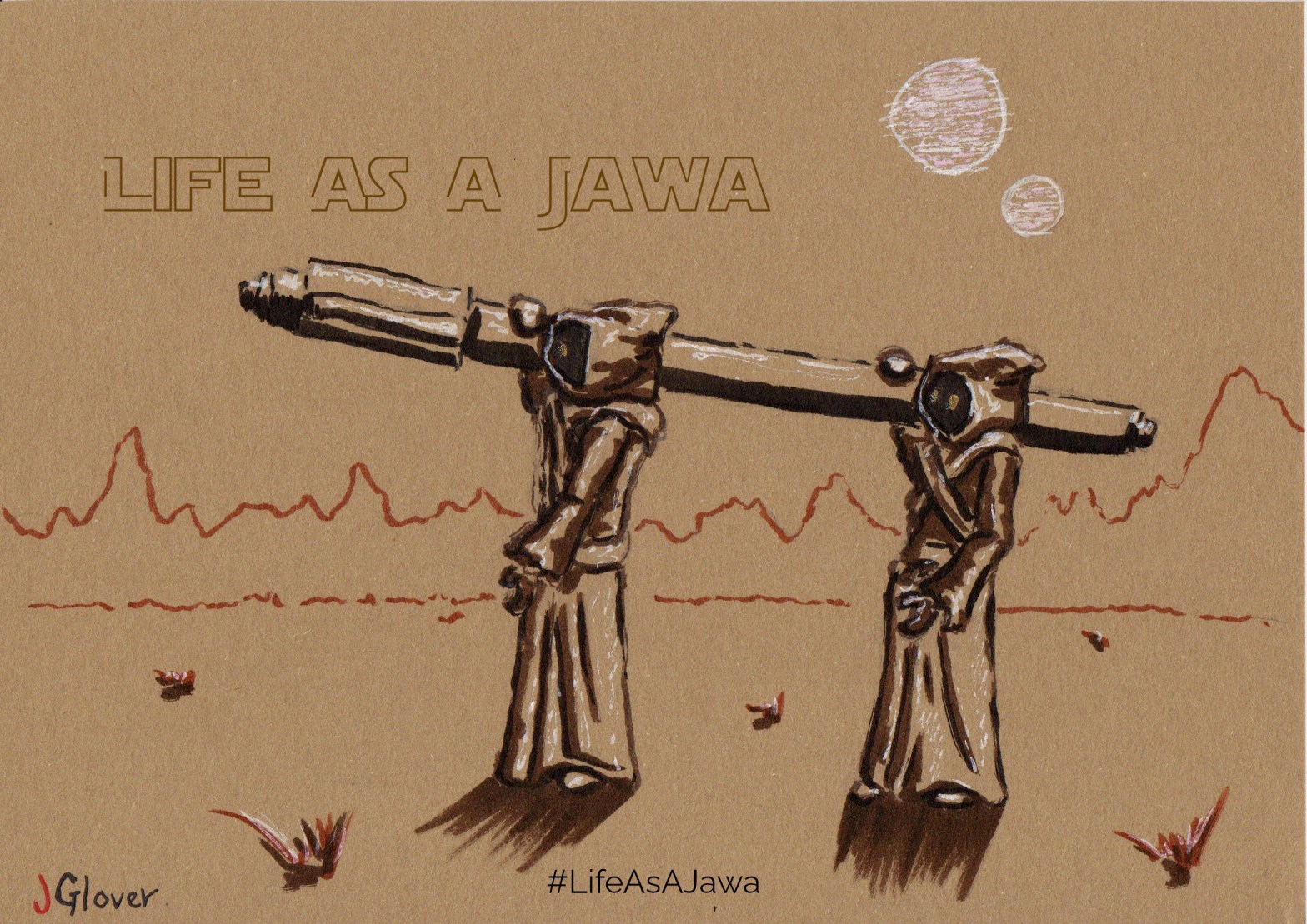 Jawas in Tatooine carrying stuff - Ink drawing - Star Wars art