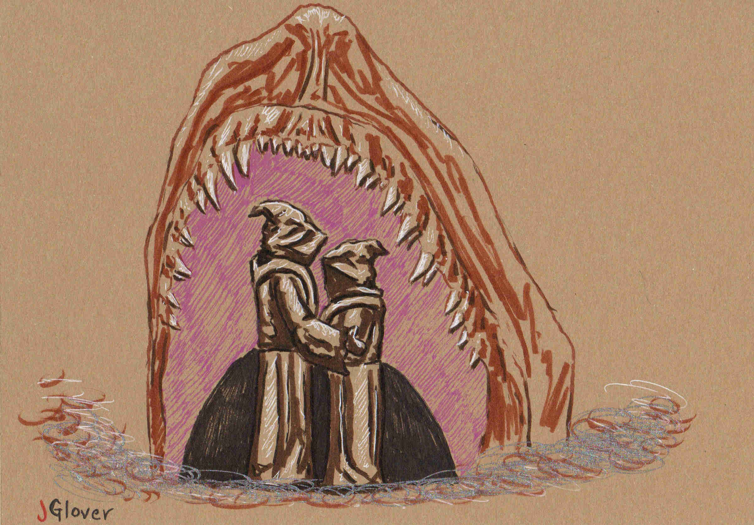 Jawas Being Eaten By Krayt Dragon - Ink Drawing - Star Wars Art - Illustration -