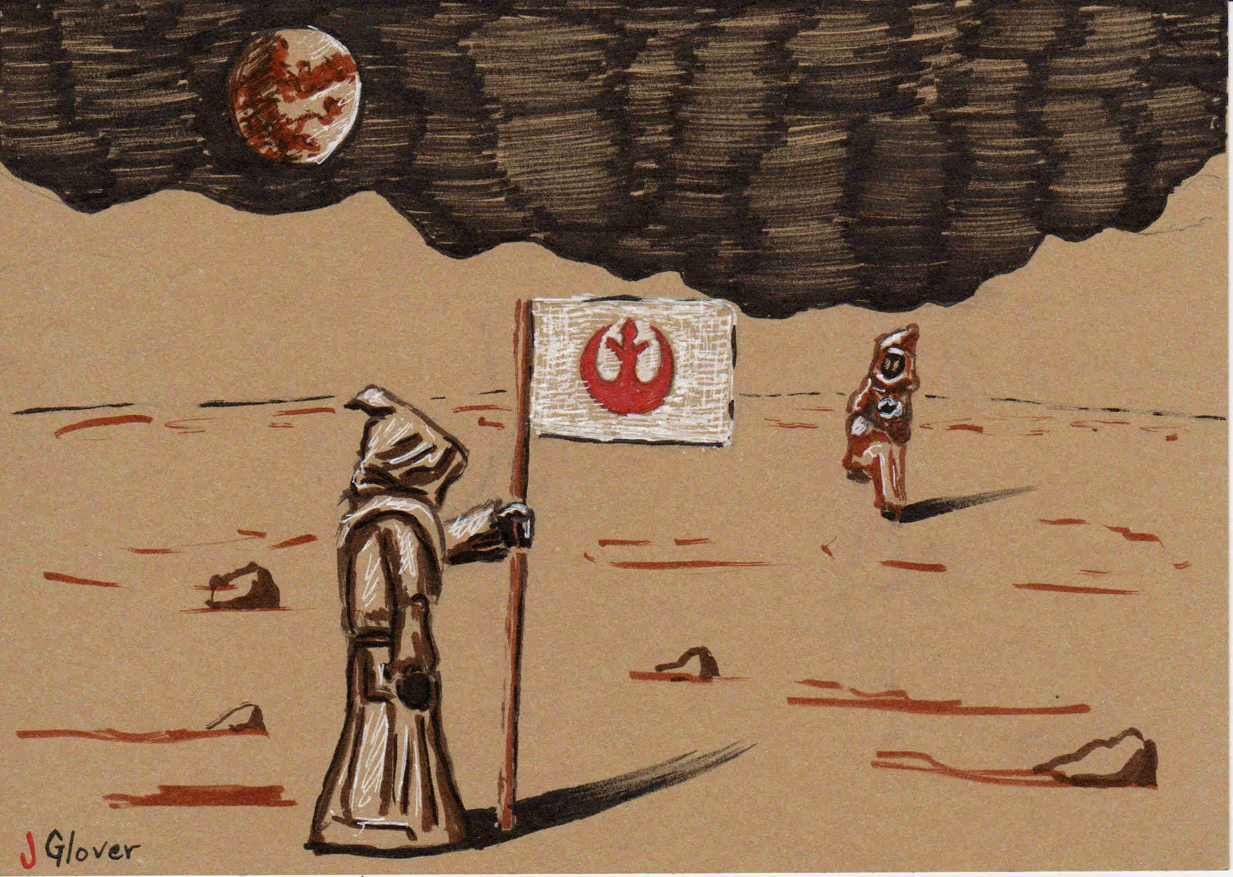Jawas on the moon - Ink Drawing - Star Wars Art - Illustration - Neil Armstrong