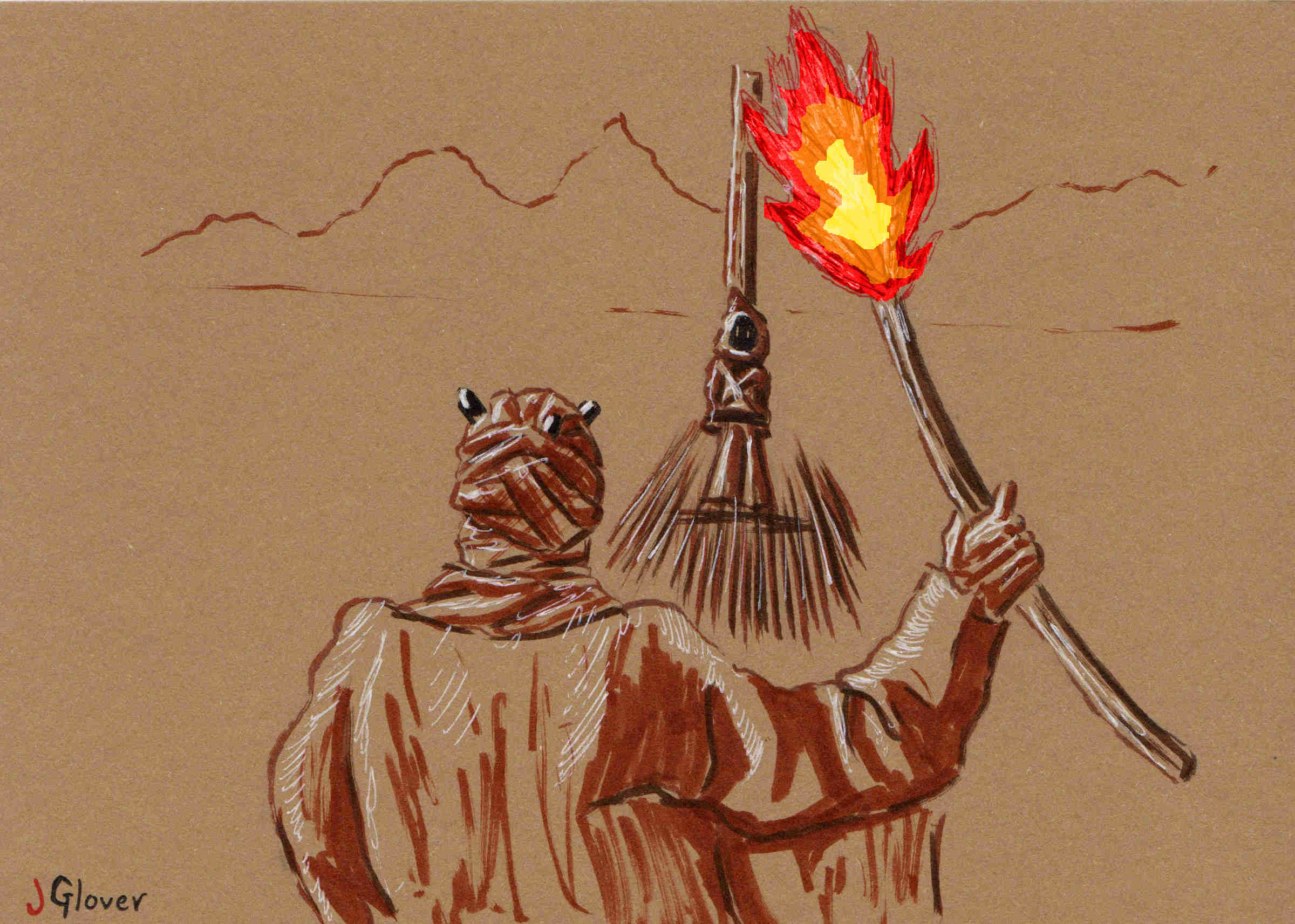 Jawa being burned alive by Tusken Raider - Ink Drawing - Star Wars Art - Illustration - Tatooine Culture