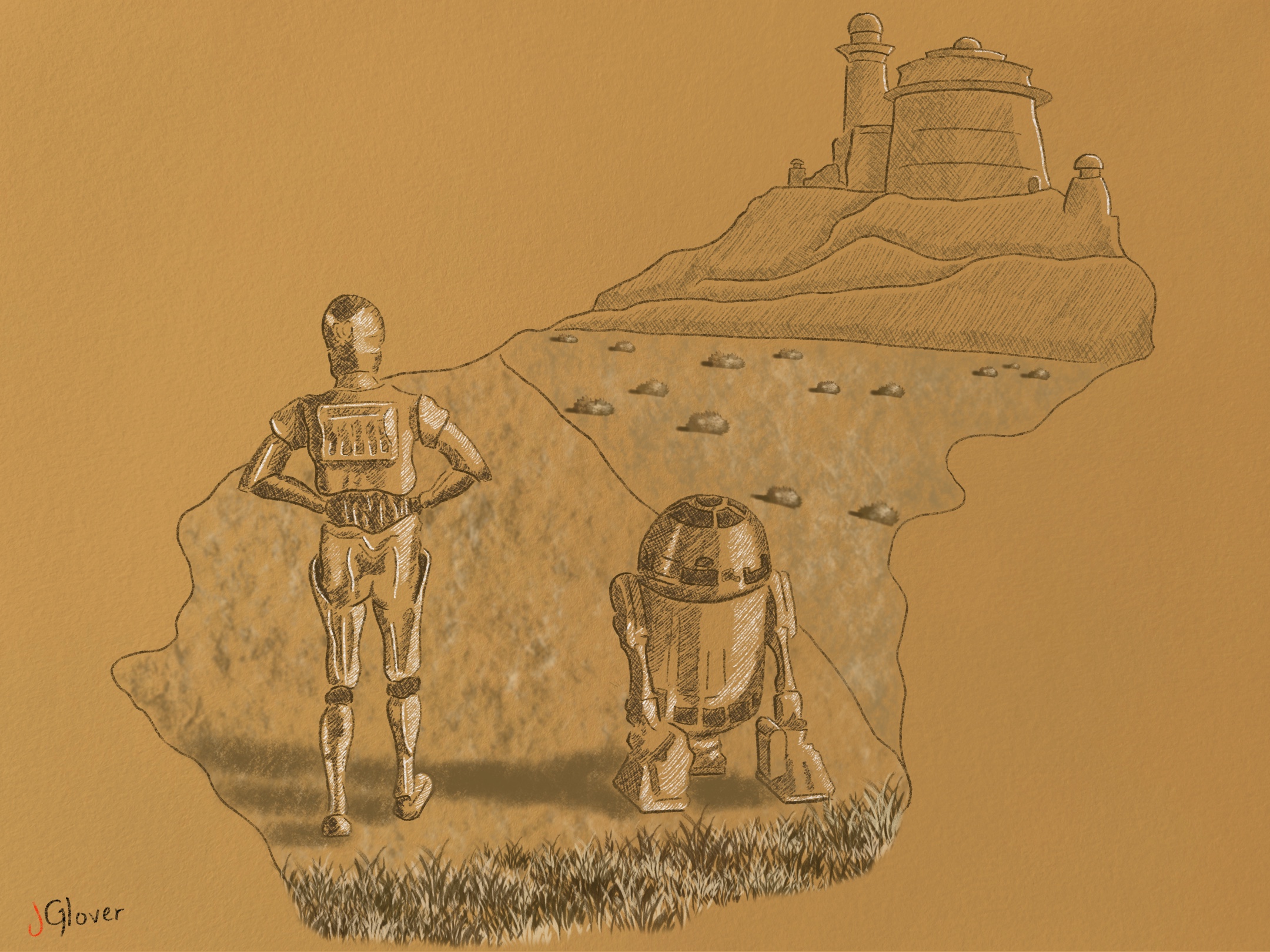 C-3PO And Artoo Detoo On Tatooine Jabba's Palace In Distance - Digital Charcoal Drawing