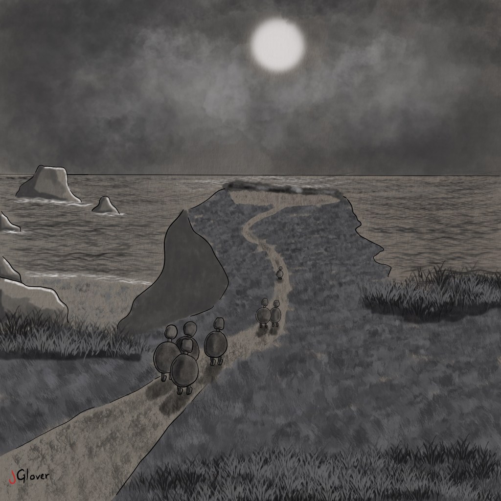 Fantasy illustration of a group of turtle-like characters following a path towards the full moon