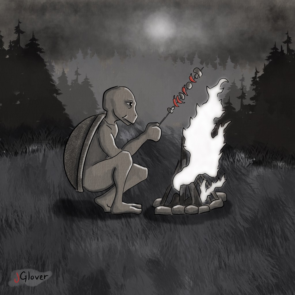 Fantasy illustration of a turtle-like character cooking mushrooms over a campfire