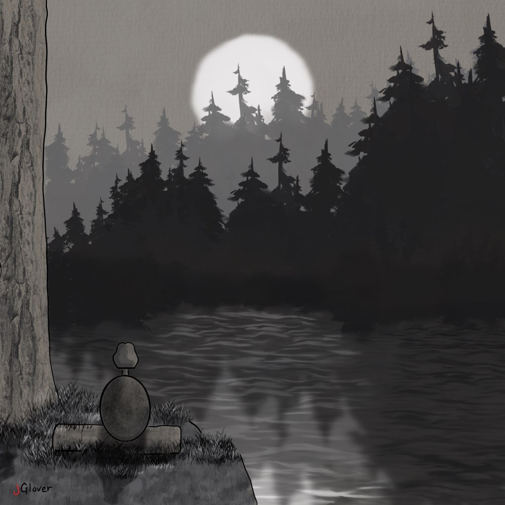 Fantasy illustration of a turtle-like character watching the moon rise