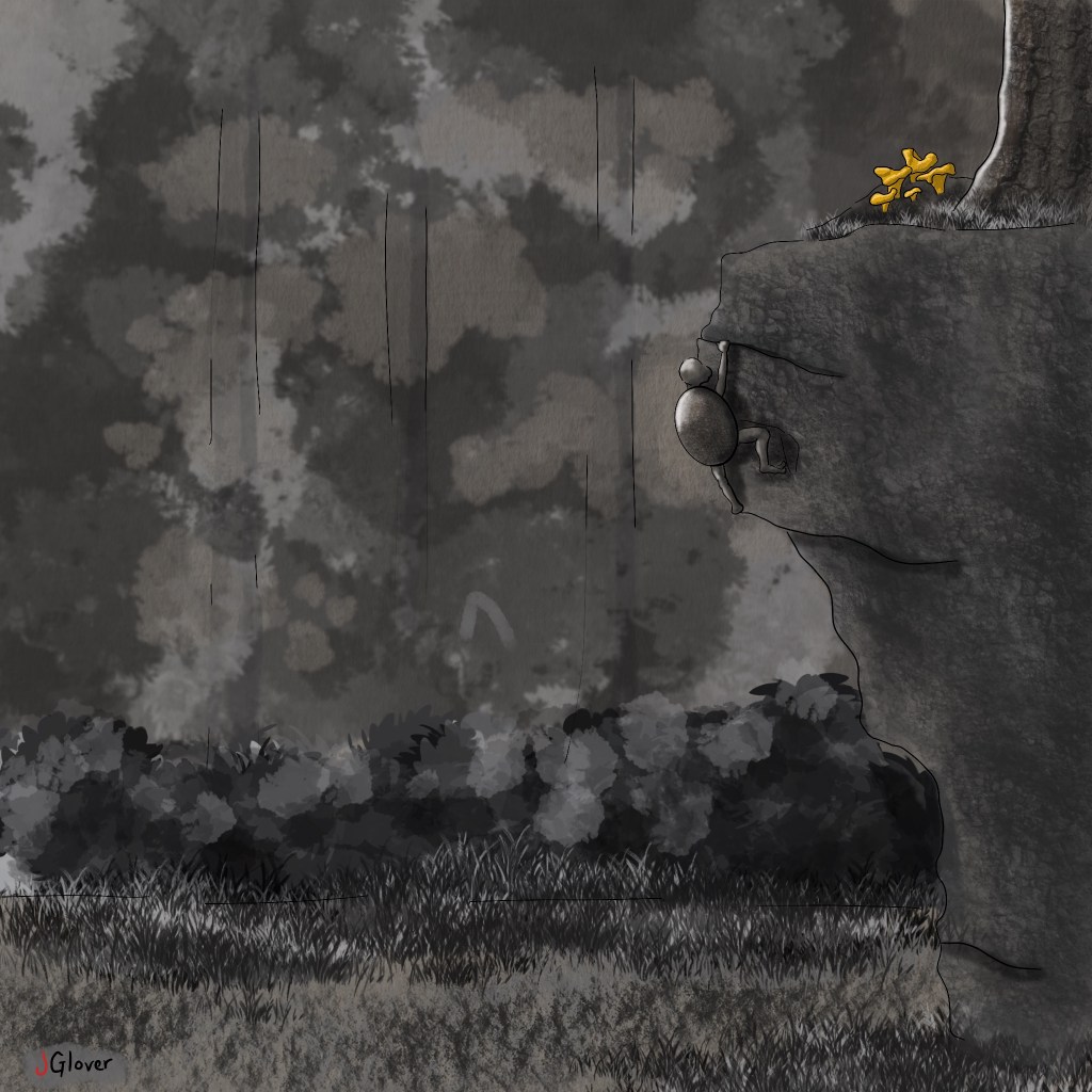 Fantasy illustration of a turtle-like character climbing a rock face in search of mushrooms