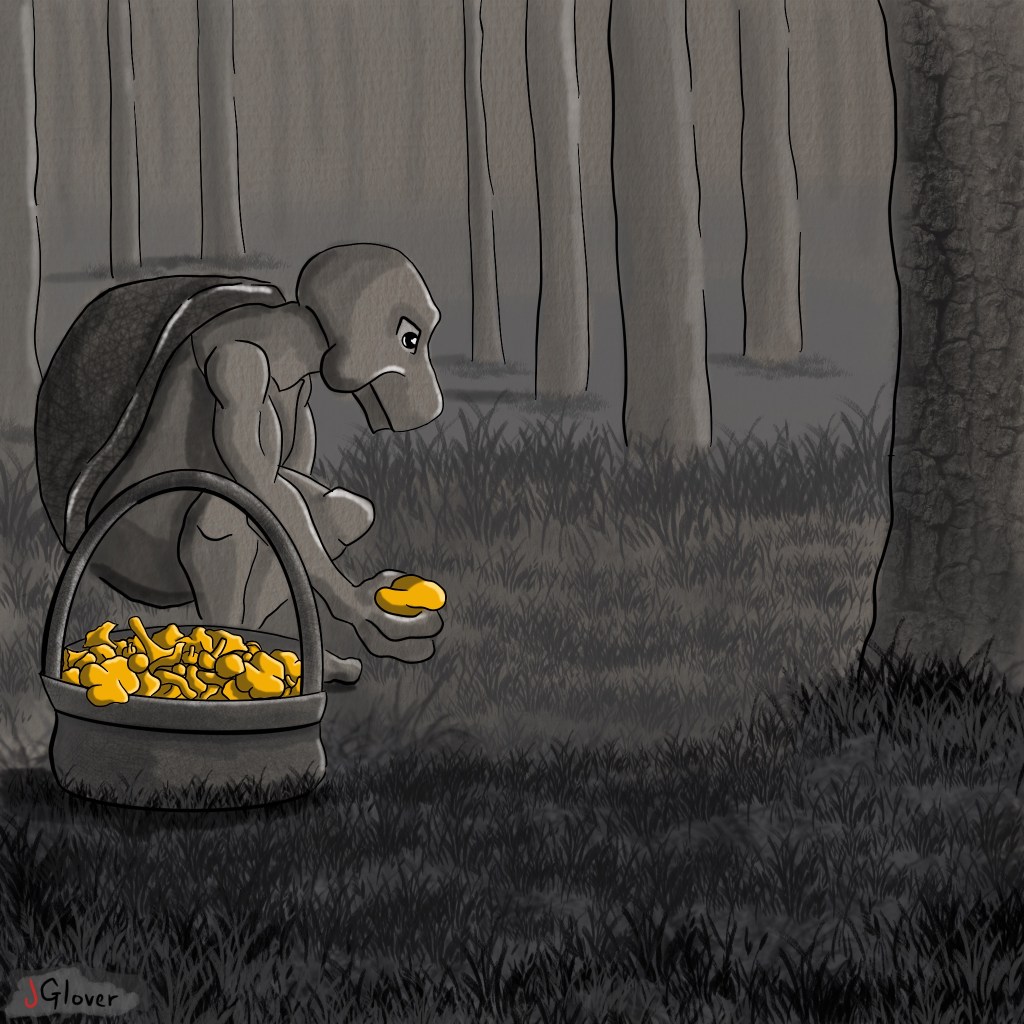 Fantasy illustration of a turtle-like character picking mushrooms in the forest