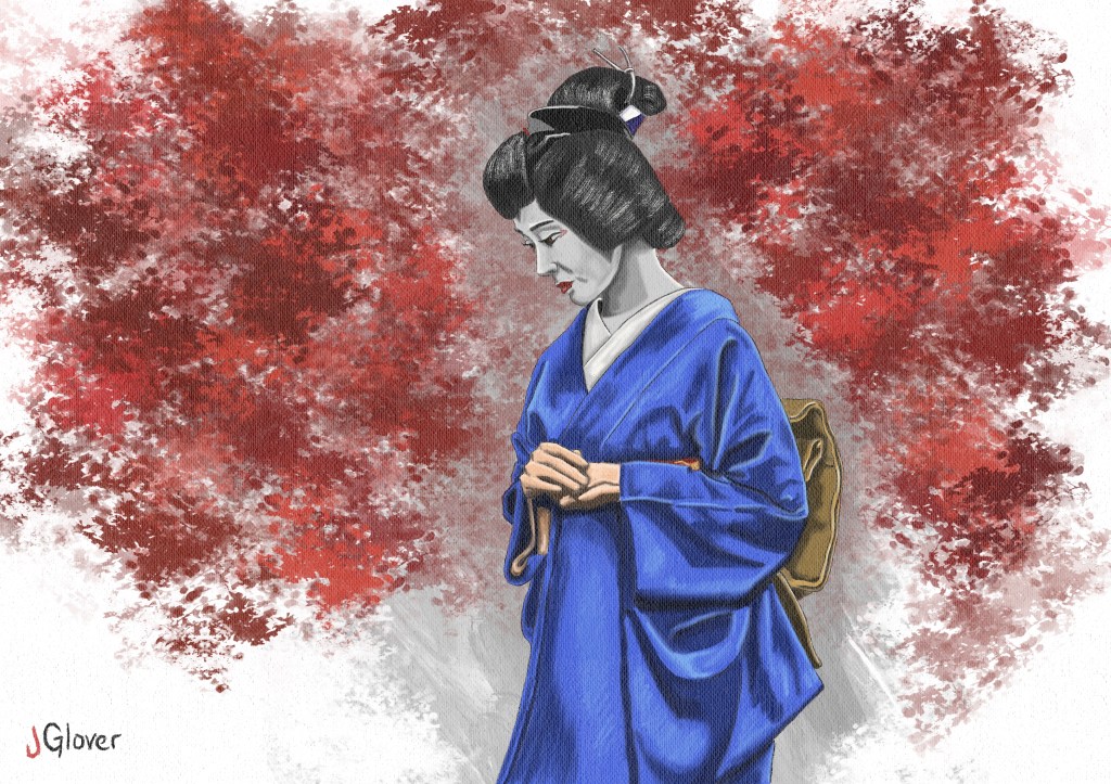 Geisha in Red Acer Maple Tree Landscape - Japanese Geisha Art Print
