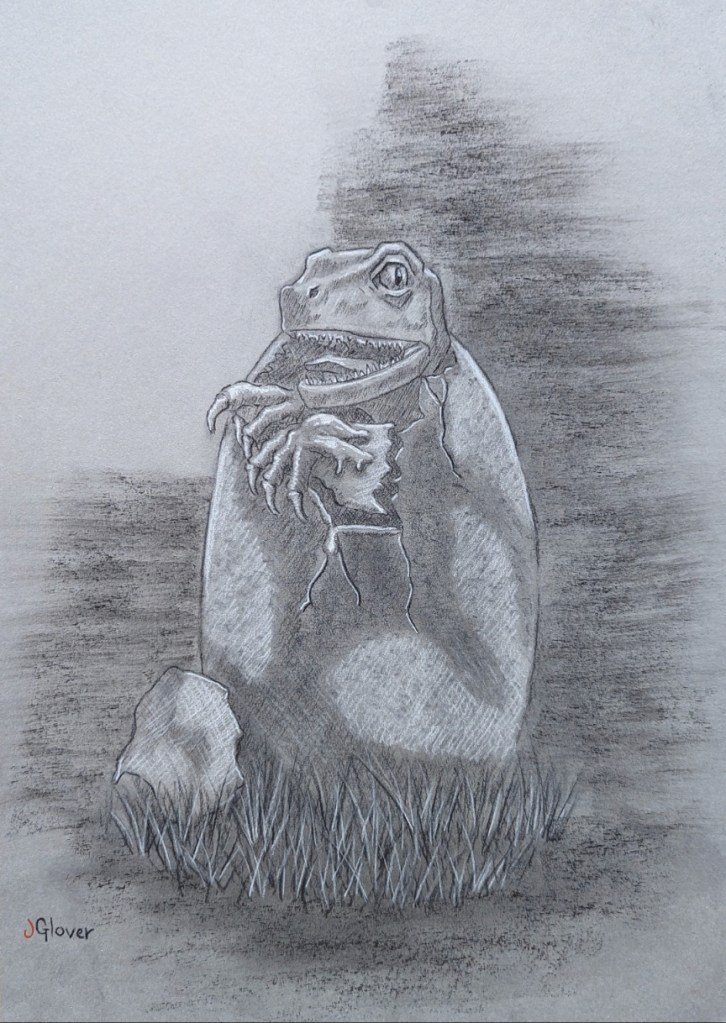 Jurassic Park Fan Art - Velociraptor Hatching - Charcoal Drawing