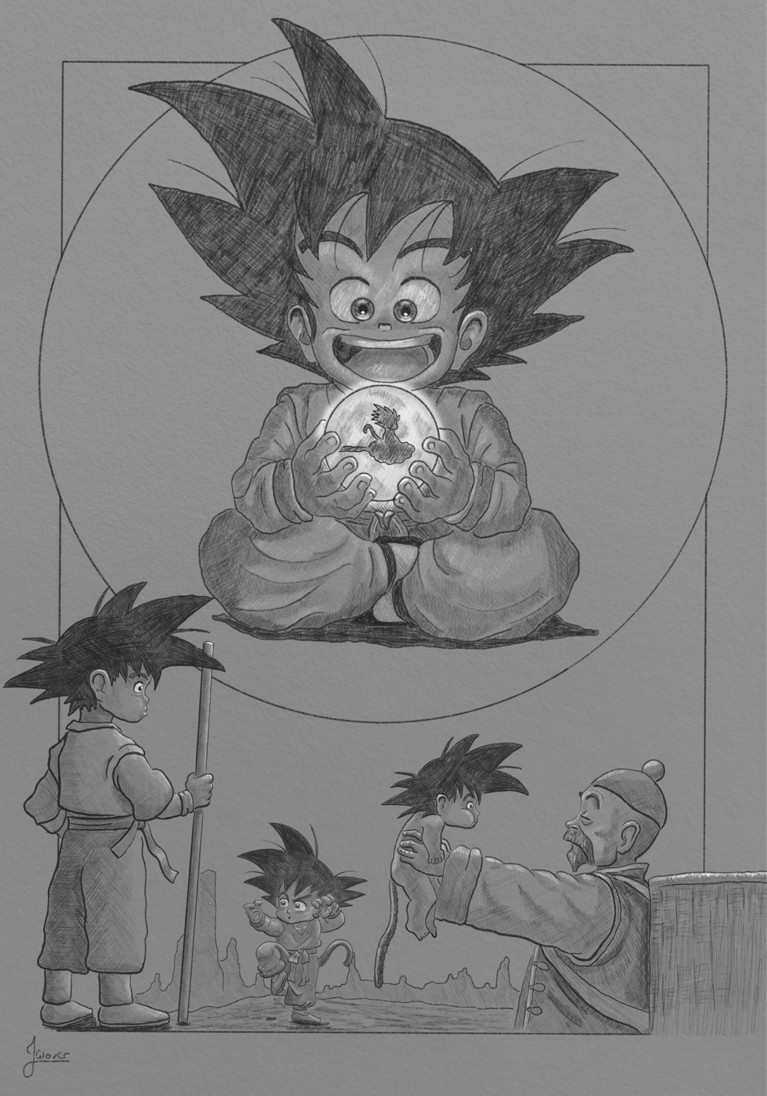 charcoal illustration of a young Goku from Dragon Ball depicted in various vignette scenes from the story