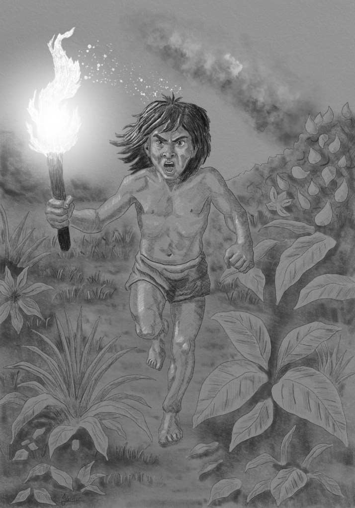 digital charcoal illustration of Mowgli from the jungle book running with lit fire torch