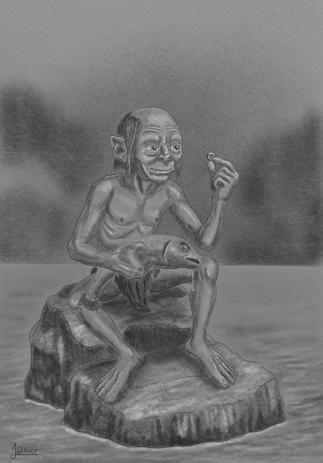 Gone Fishin' - Gollum In His Cave - a charcoal drawing of Gollum on a rock in the water under the misty mountains with a fish and the One Ring.