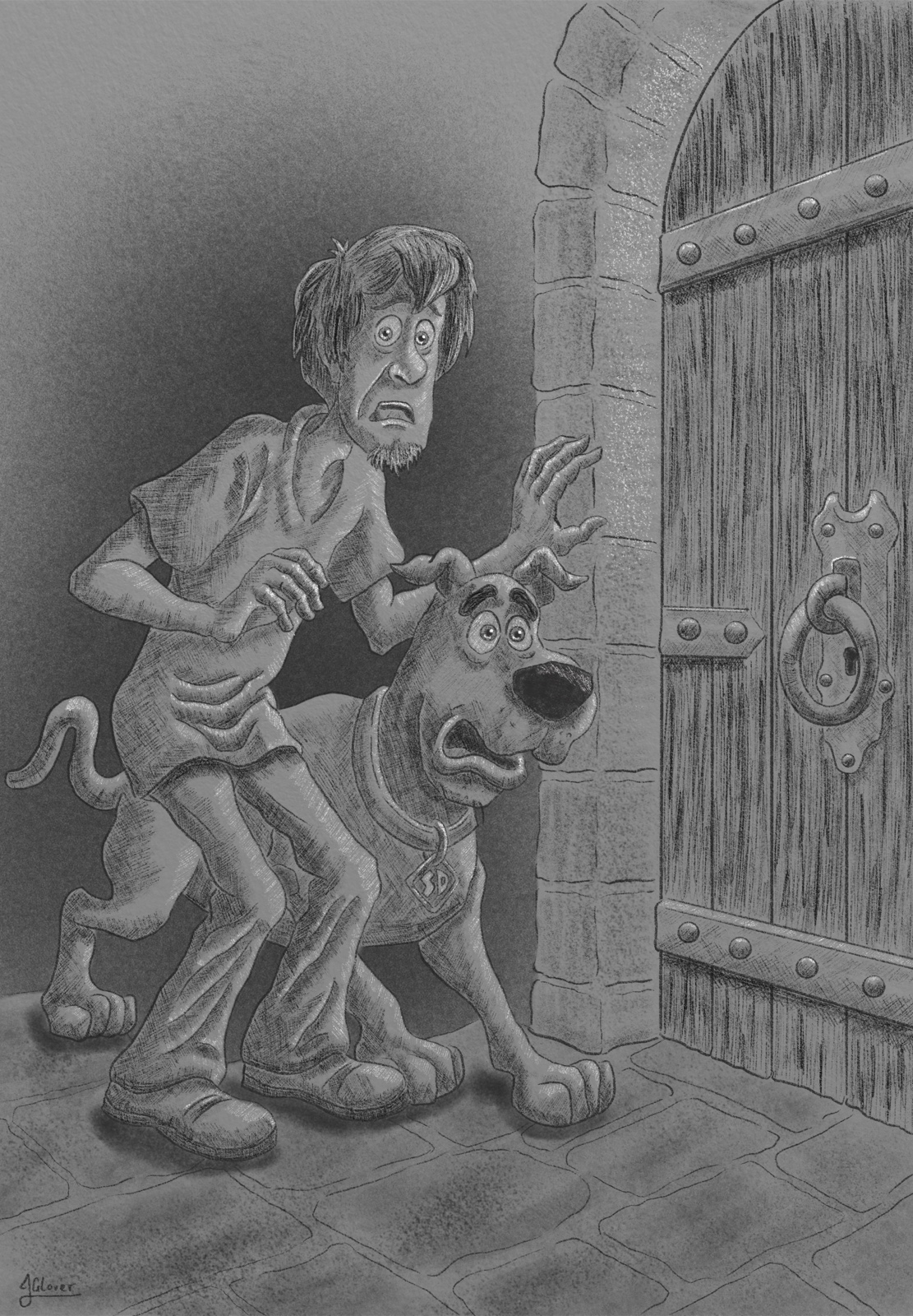 Charcoal illustration of Shaggy and Scooby Doo in a haunted castle
