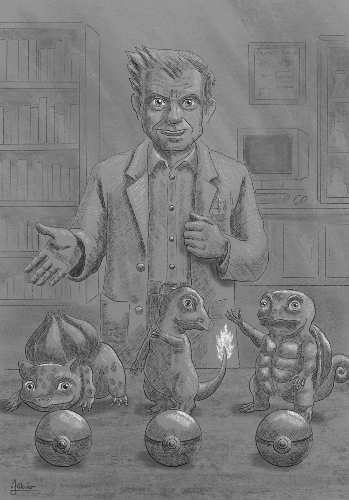 Artwork of Professor Oak in his lab with the three original starter pokemon: bulbasaur, charmander and squirtle.