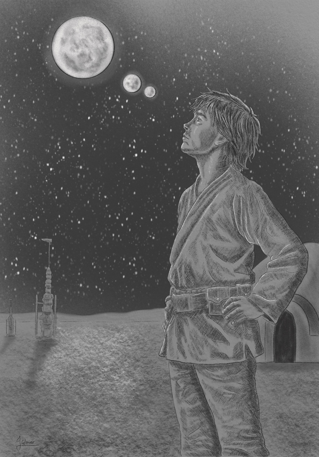 Luke Skywalker on Tatooine moisture farm looking up at the night sky and dreaming of a Galaxy Far, Far Away.