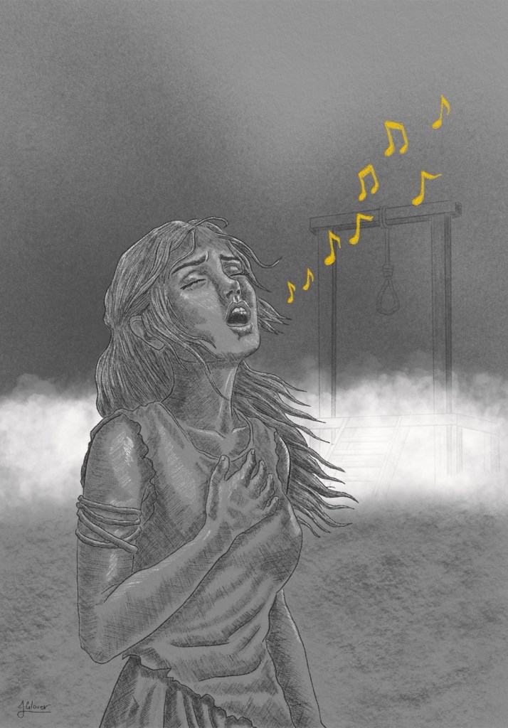 Eo, wife of Darrow from Mars in Red Rising, singing the forbidden song in front of the gallows in the Mines of Lykos.