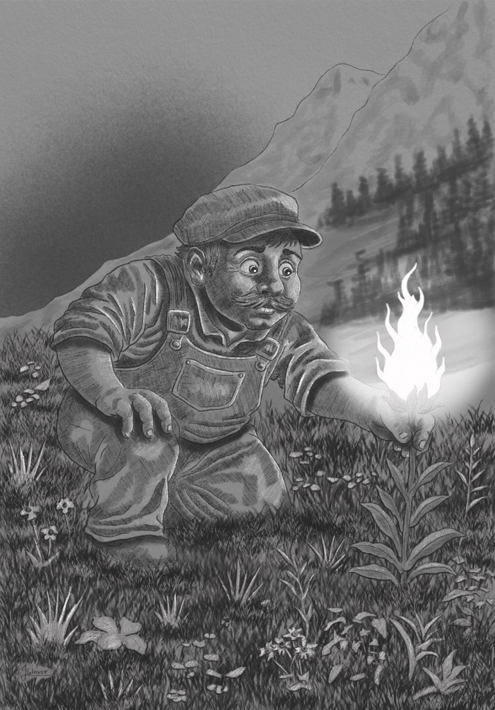 Charcoal illustration of Mario picking a fire flower in an Italian landscape with mountains in the background